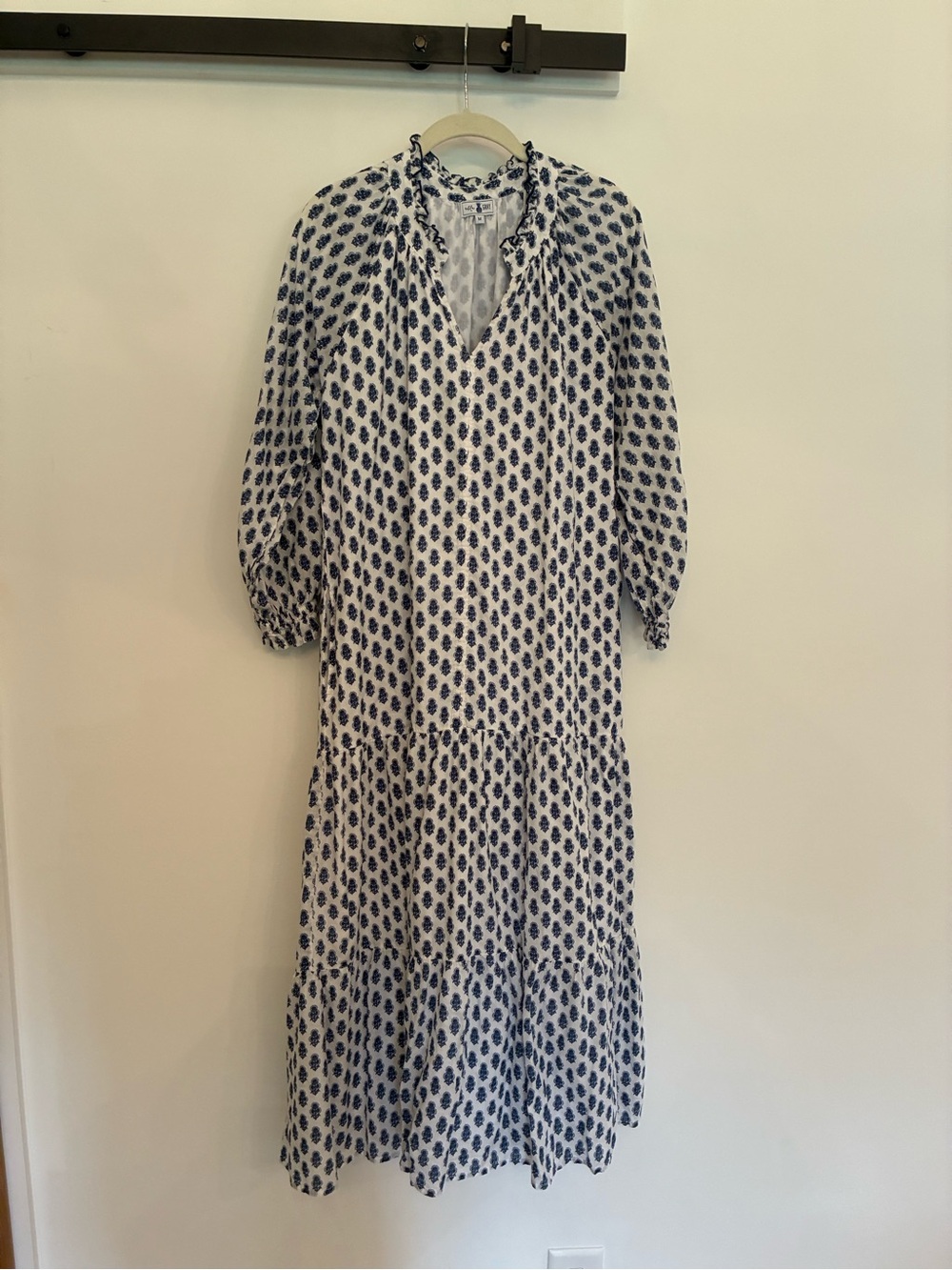 Cotton Navy & White Printed Tiered Maxi Dress